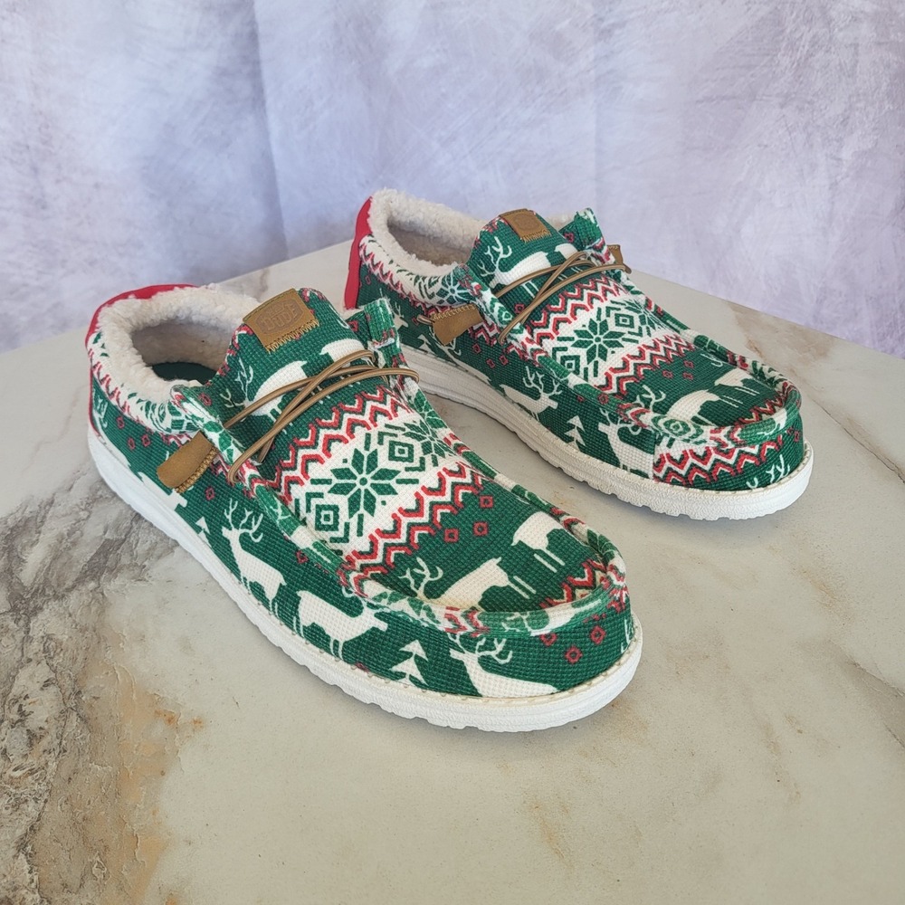 Hey Dude Wally Ugly Sweater Sneakers Green Red Men's Size 13 Worn Once
